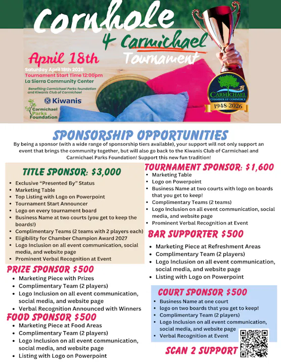 A cornhole tournament on April 18, 2026, at La Sierra Community Center, offering sponsorship opportunities to benefit local parks.