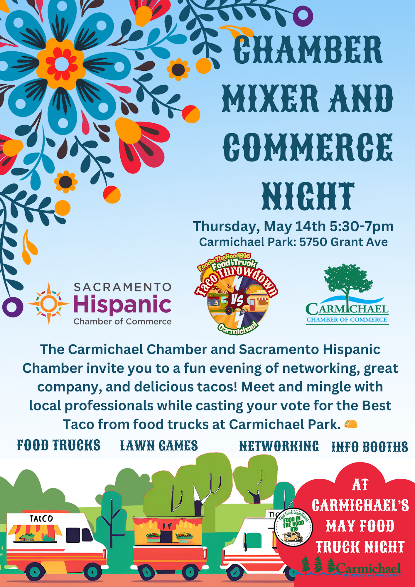 Event: Chamber Mixer & Commerce Night, May 14, 5:30-7 PM at Carmichael Park. Enjoy tacos, networking, food trucks, and games!