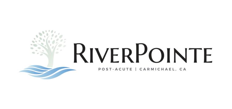Tree on waves logo with text: "RiverPointe Post-Acute | Carmichael, CA."