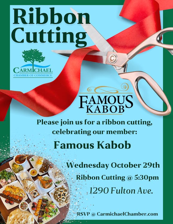 Ribbon cutting event flyer for Famous Kabob on October 29th, 5:30 PM at 1290 Fulton Ave. RSVP at CarmichaelChamber.com.