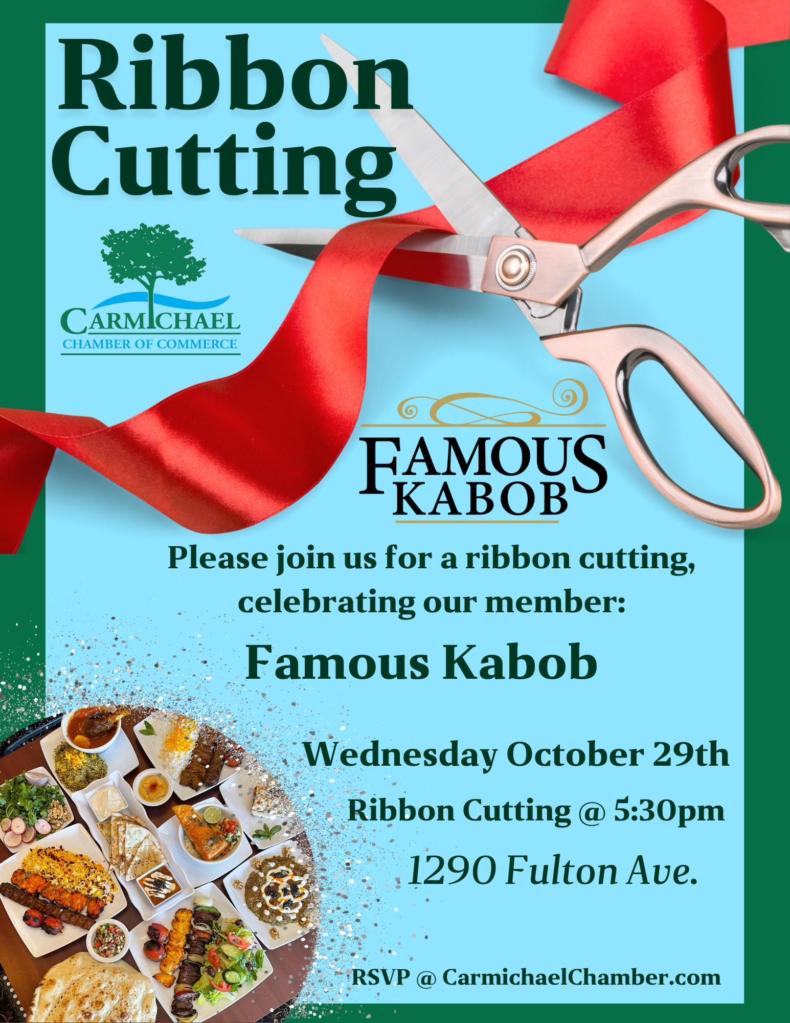 Ribbon cutting event flyer for Famous Kabob on October 29th, 5:30 PM at 1290 Fulton Ave. RSVP at CarmichaelChamber.com.