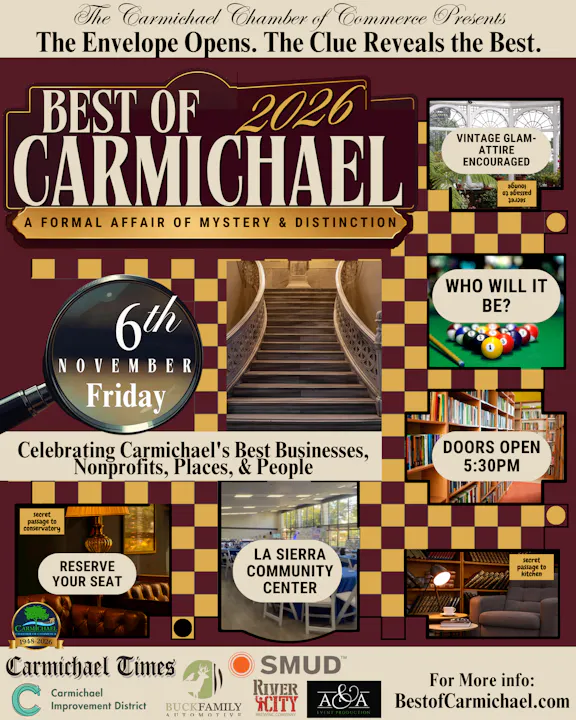 Event announcement for "Best of Carmichael 2026" on November 6, celebrating local businesses and nonprofits at La Sierra Community Center.