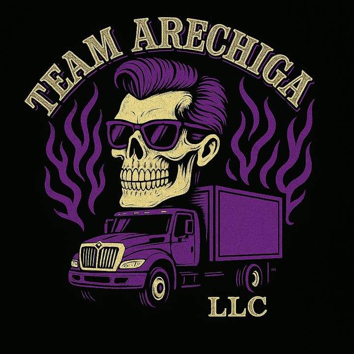 The image features a stylized skull with sunglasses, a truck, and the text "TEAM ARECHIGA LLC," all in vibrant colors.