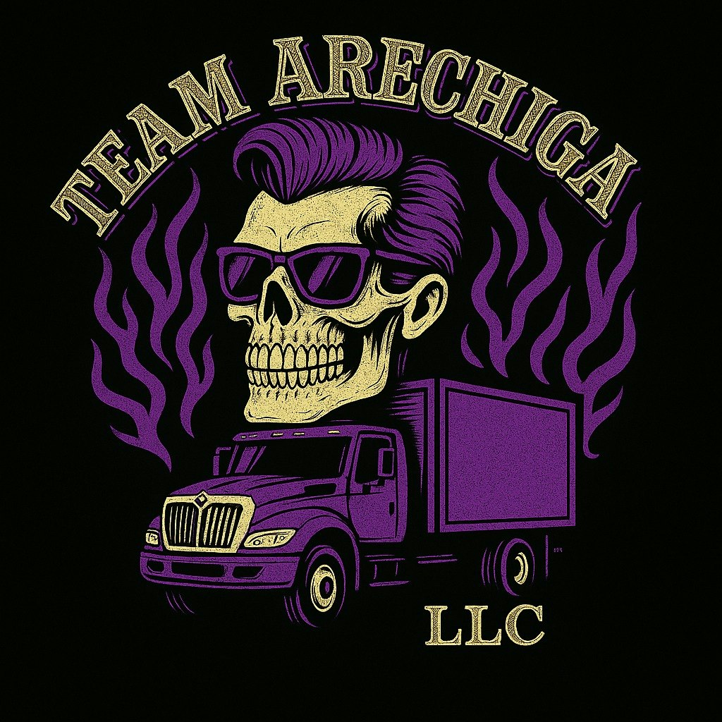 The image features a stylized skull with sunglasses, a truck, and the text "TEAM ARECHIGA LLC," all in vibrant colors.