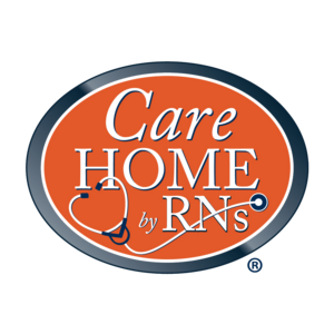 A logo with an orange oval containing the text "Care Home by RNs" and a stethoscope design.