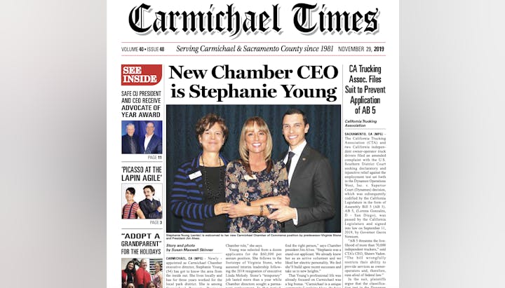 Front page of the "Carmichael Times" announcing Stephanie Young as the new Chamber CEO.