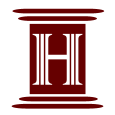 A stylized letter "H" framed by two vertical columns in deep red.
