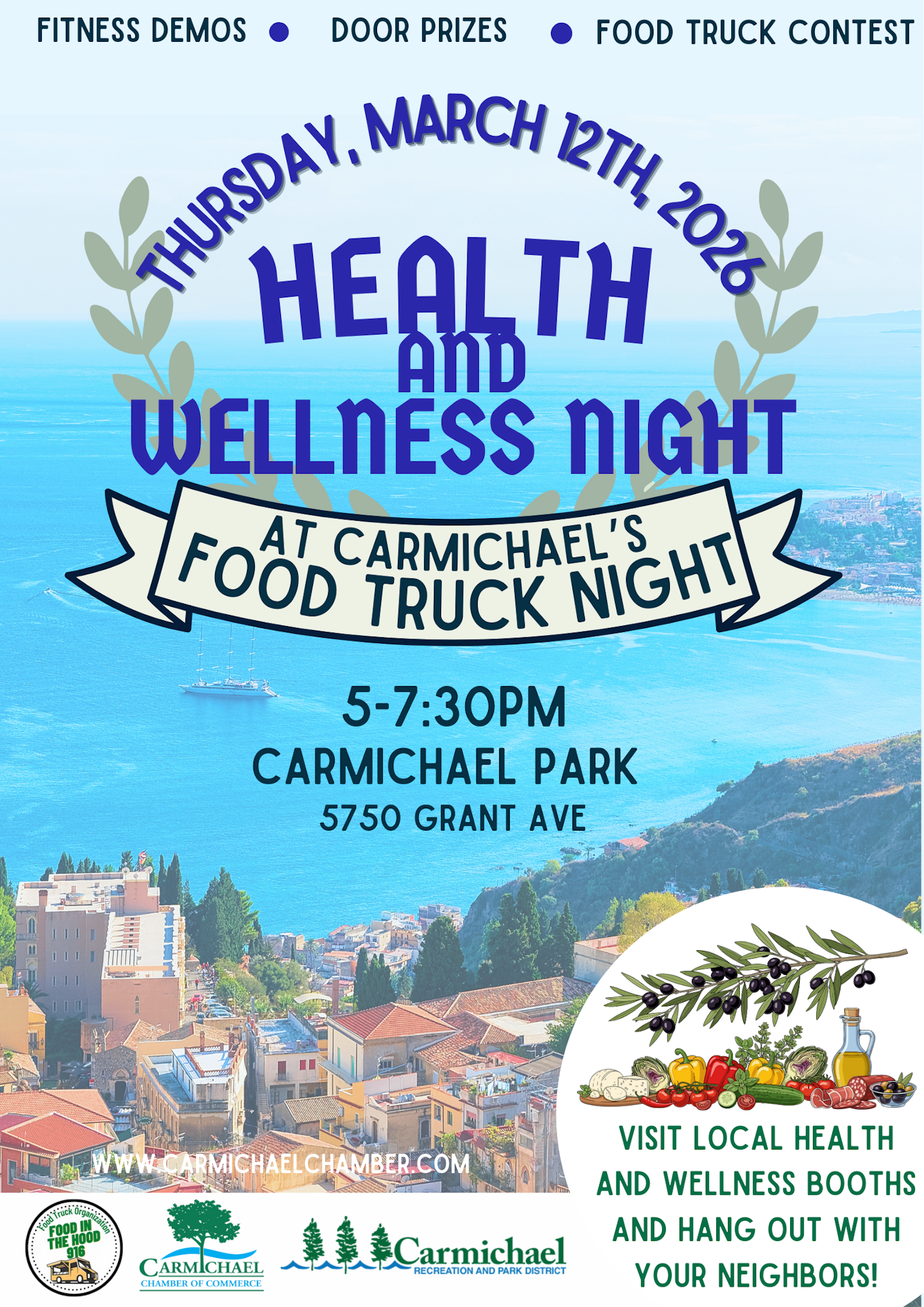 Event on March 12, 2026, at Carmichael Park: Health & Wellness Night with food trucks, demos, prizes from 5-7:30 PM.