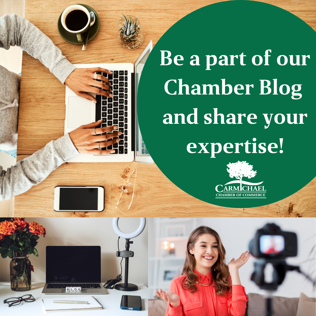 Invitation to join the Chamber Blog and share expertise, featuring a person typing, a workspace, and a woman speaking on camera.