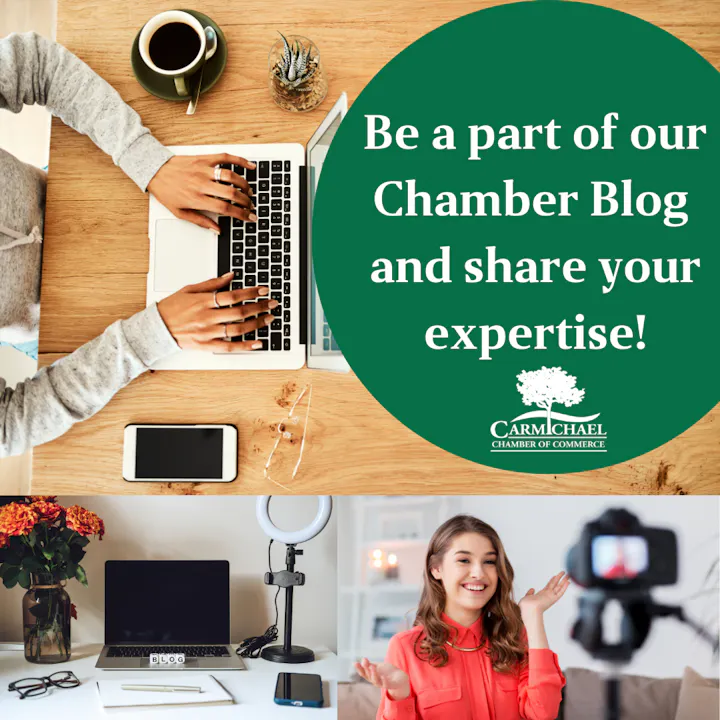 Invitation to join the Chamber Blog and share expertise, featuring a person typing, a workspace, and a woman speaking on camera.