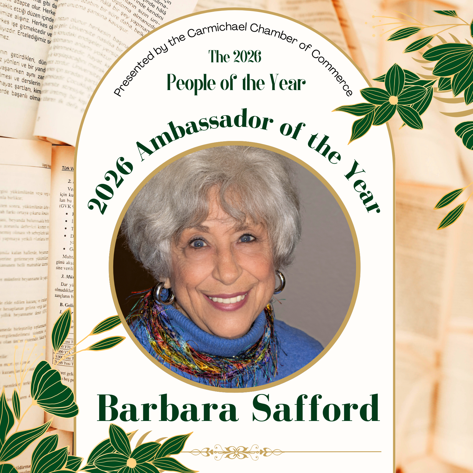The image celebrates Barbara Safford as the 2026 Ambassador of the Year from the Carmichael Chamber of Commerce.