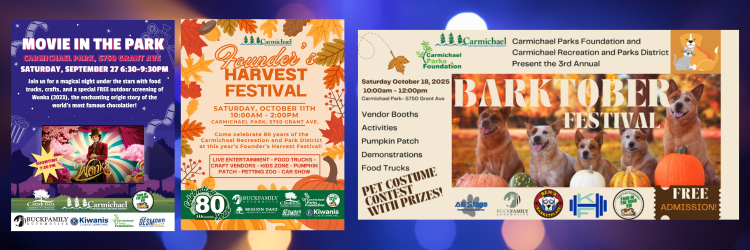 Movie, harvest, and "Barktober" festivals in Carmichael Park with activities, food trucks, pets, and free admission.
