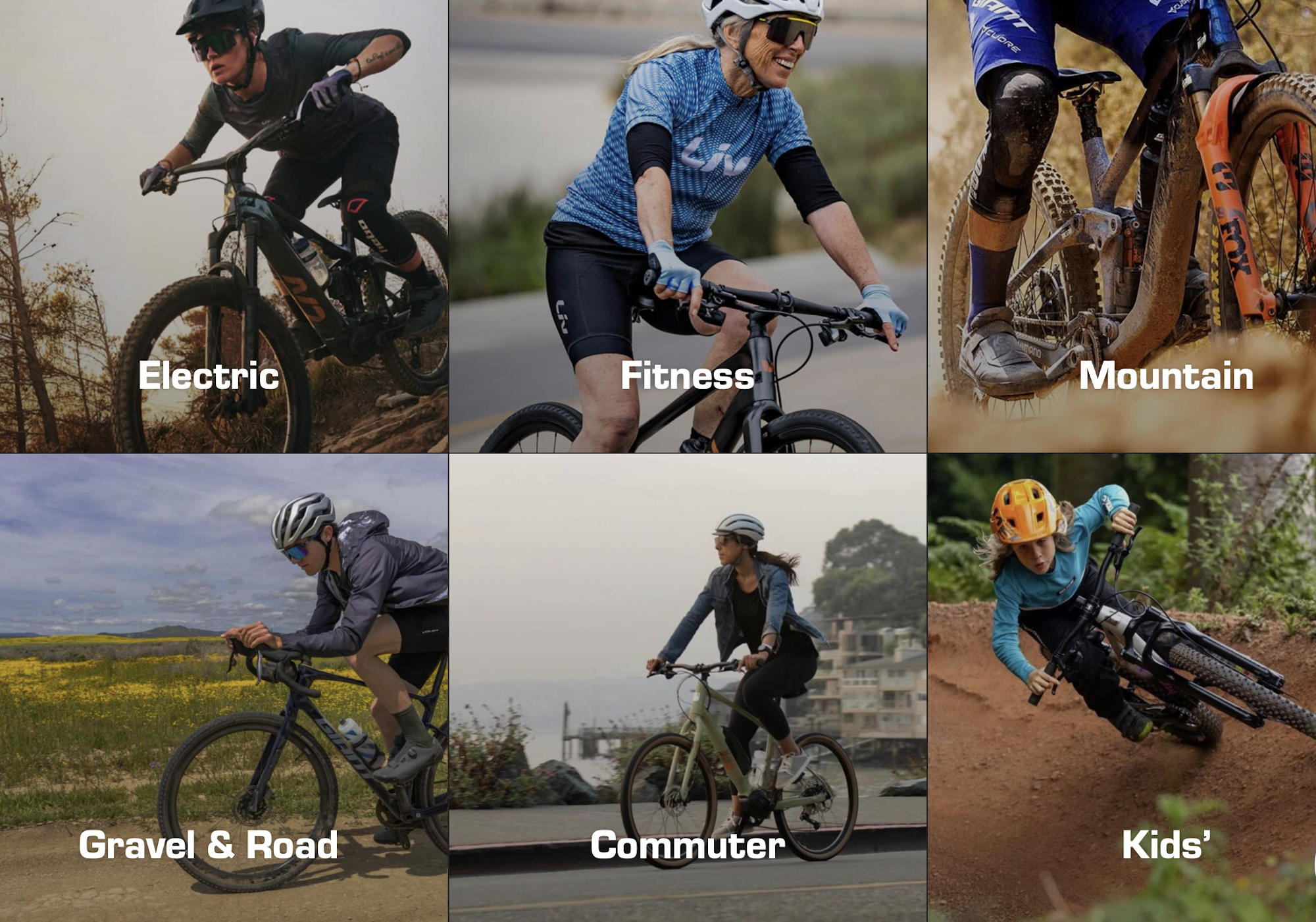Six cycling types: Electric, Fitness, Mountain, Gravel & Road, Commuter, Kids'.