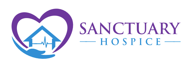 Logo with a heart, house, and hand symbols, and the text "Sanctuary Hospice."