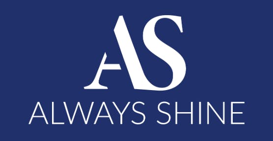 White "AS" letters and "ALWAYS SHINE" text on a dark blue background.