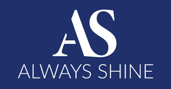 White "AS" letters and "ALWAYS SHINE" text on a dark blue background.
