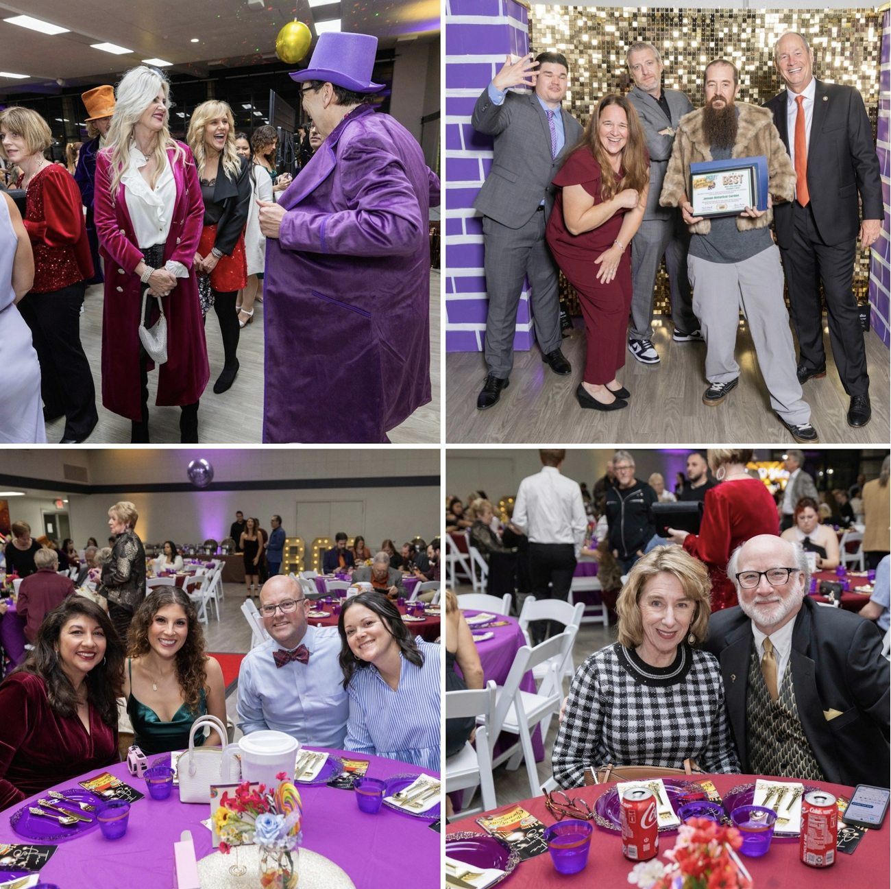 A festive event with people dressed up, enjoying a celebration, posing for photos, and sitting at tables with purple decor.