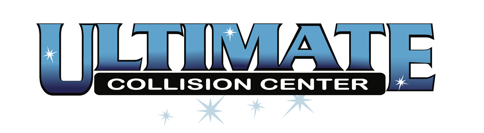 Logo for "Ultimate Collision Center" with sparkles around the text.