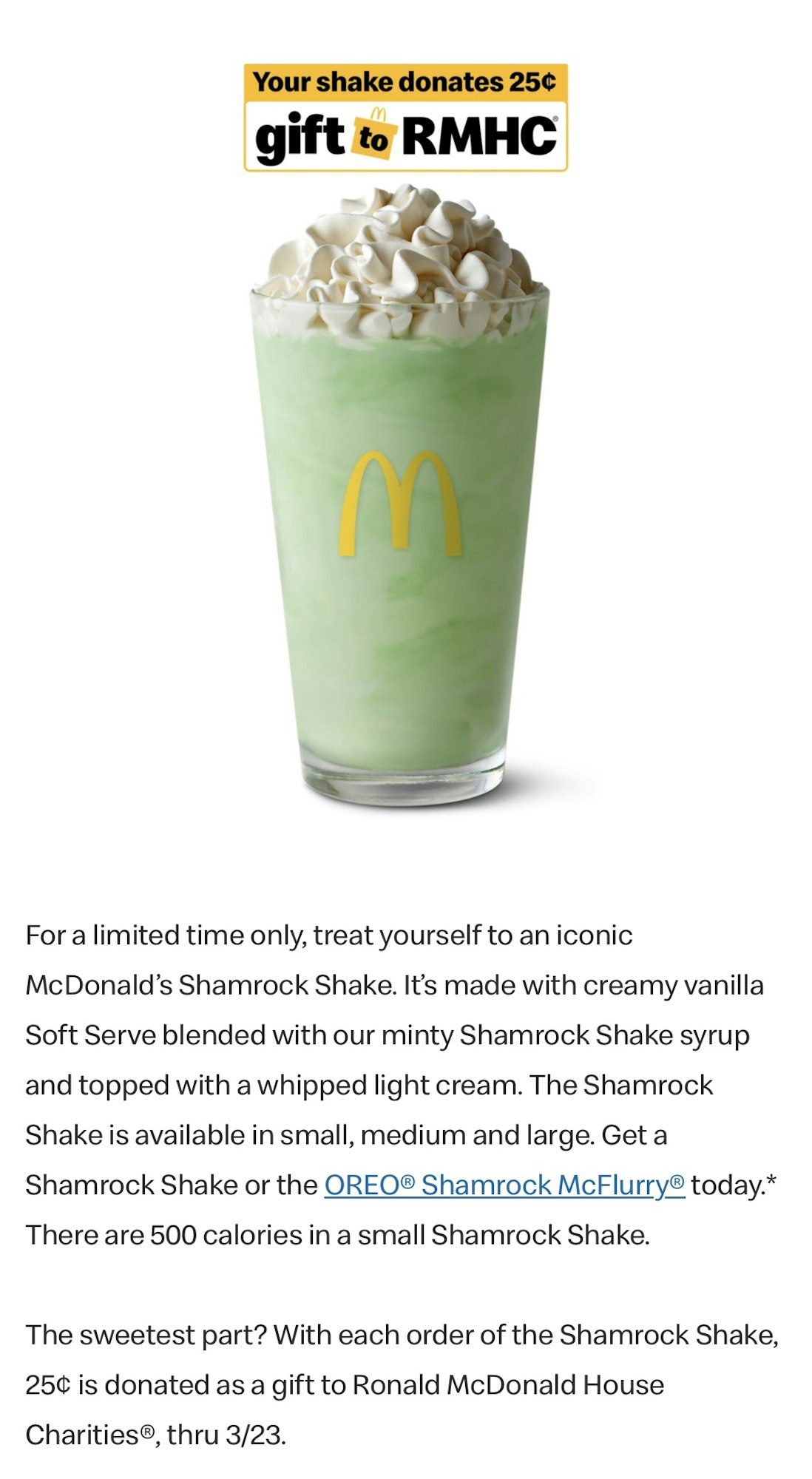 McDonald's Shamrock Shake promotion: 25¢ donation to RMHC with each order, available until 3/23.