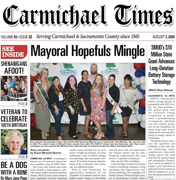 Newspaper cover: "Carmichael Times" features an article titled "Mayoral Hopefuls Mingle" with a group photo and additional stories on the side.