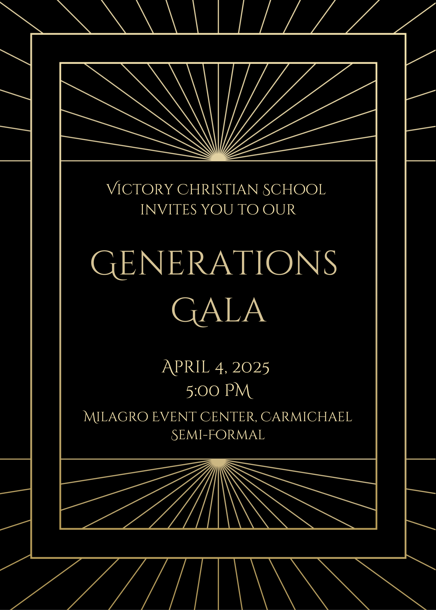 Victory Christian School's Generations Gala invite, April 4, 2025, 5:00 PM, Milagro Event Center, semi-formal.