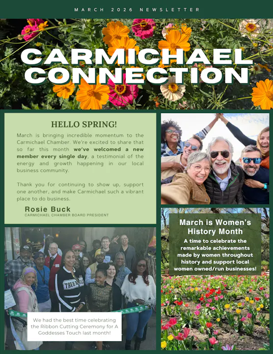 The image is a newsletter highlighting the Carmichael Chamber's growth, a ribbon-cutting event, and Women's History Month activities.