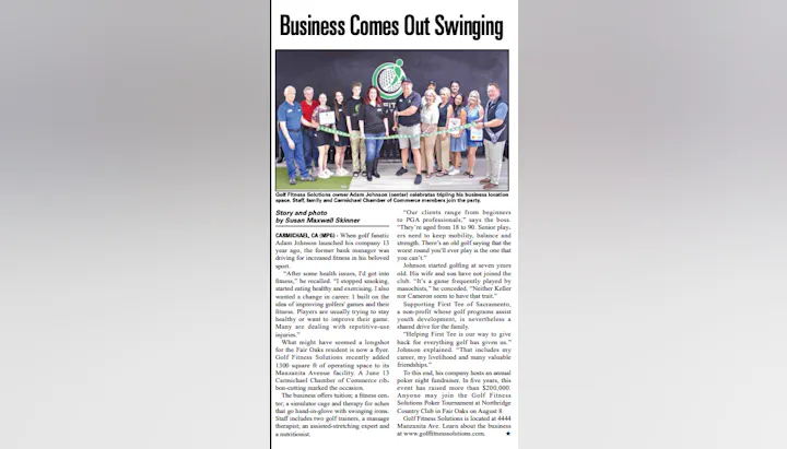 Adam Johnson celebrates tripling his golf fitness business space with family and community members in Carmichael, CA.