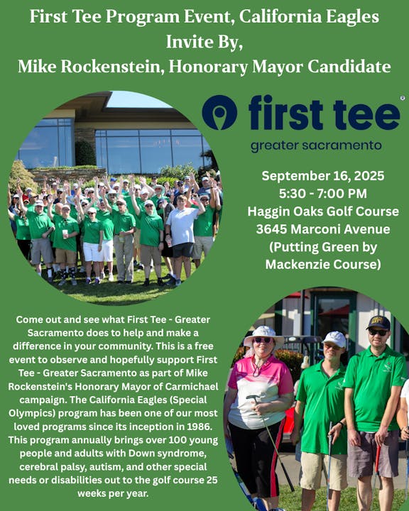 Invitation to a First Tee program event in Sacramento on September 16, 2025, hosted by Mike Rockenstein for the California Eagles.