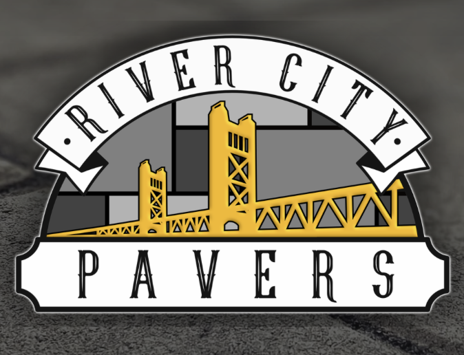 A logo with the text "River City Pavers" and an illustration of a yellow bridge.