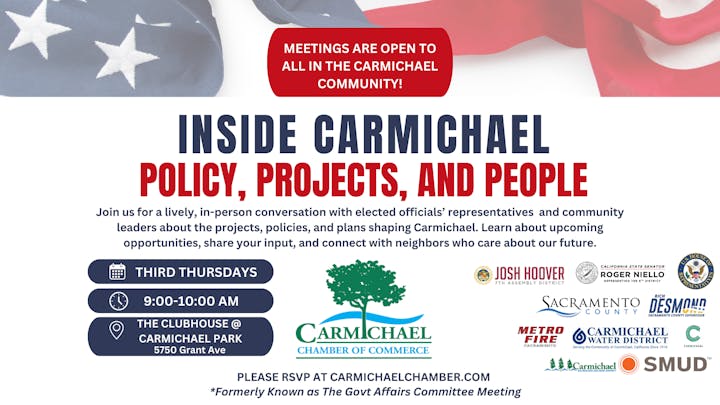 Event flyer for "Inside Carmichael: Policy, Projects, and People" meetup on third Thursdays, 9-10 AM at Carmichael Park.