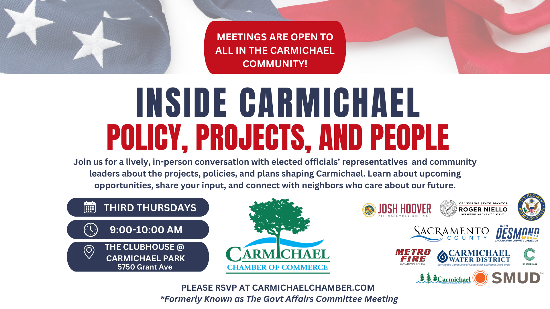 Event flyer for "Inside Carmichael: Policy, Projects, and People" meetup on third Thursdays, 9-10 AM at Carmichael Park.