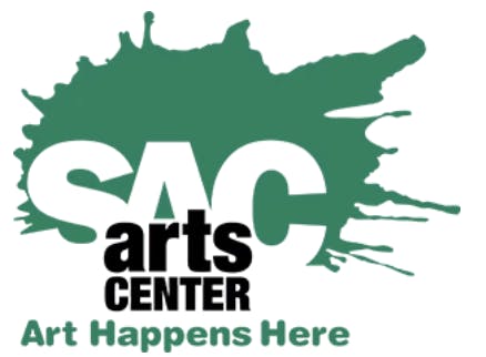 Green paint splatter with the text: "SAC Arts Center. Art Happens Here."