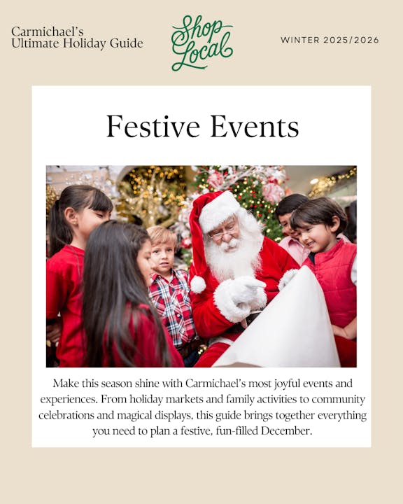 The image promotes Carmichael's Holiday Guide for winter 2025/2026, featuring festive events and family-friendly activities with Santa.