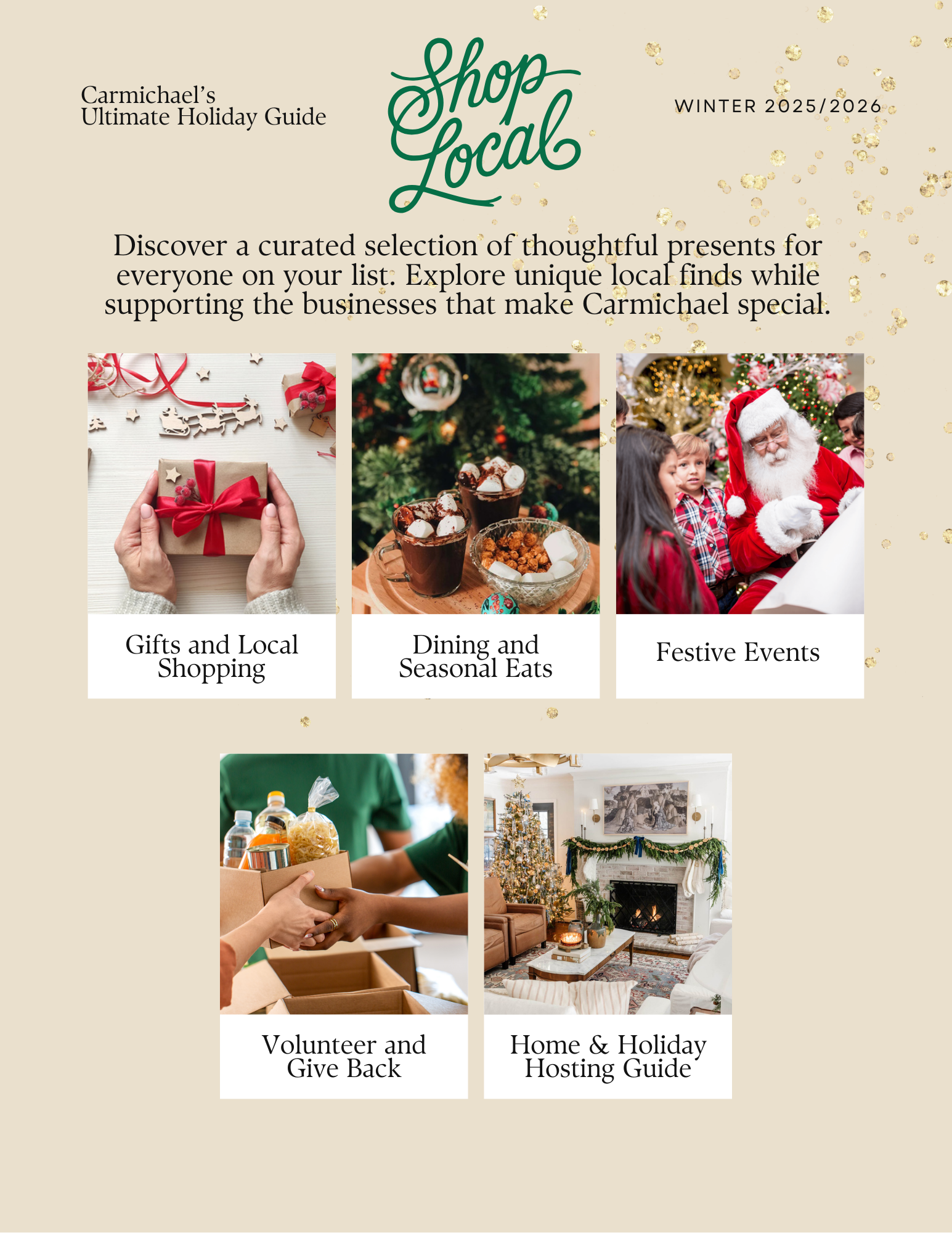 Carmichael's Ultimate Holiday Guide features local gifts, dining, events, volunteering, and hosting tips for winter 2025/2026.