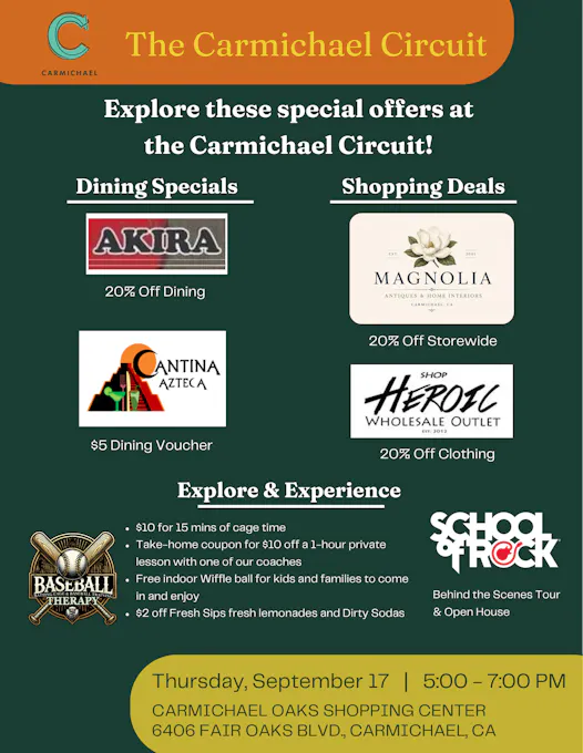 Promotional offers at the Carmichael Circuit: dining discounts, shopping deals, and experiences like baseball therapy and music lessons.