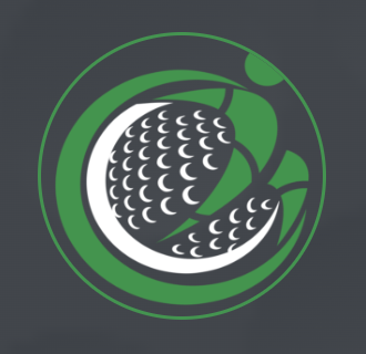 The image features a stylized design resembling a golf ball and greenery, likely representing a golf-related theme or brand.