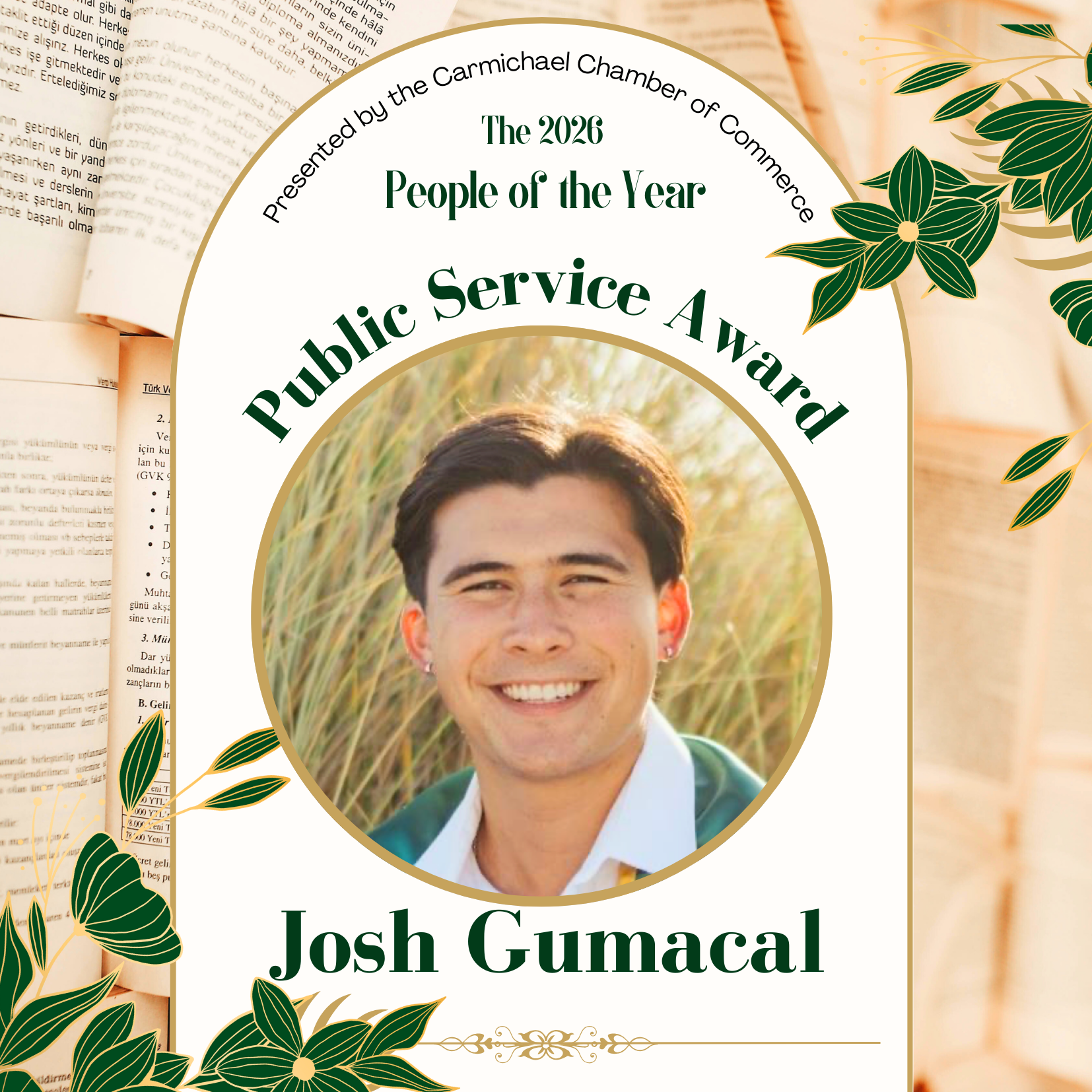 The image features an award for Josh Gumacal, recognizing him as the 2026 Public Service Award recipient by the Carmichael Chamber of Commerce.