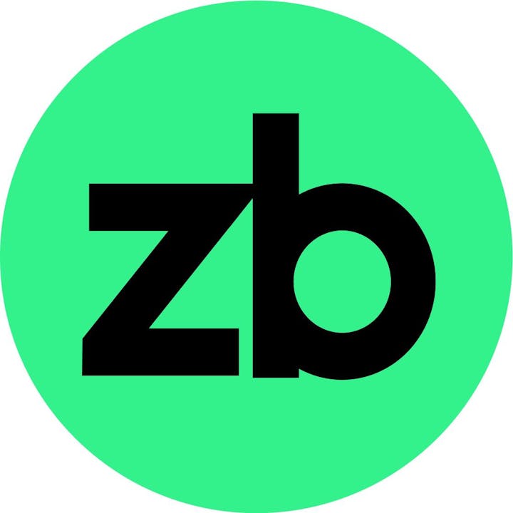The image shows the lowercase letters "zb" in black on a green circular background.