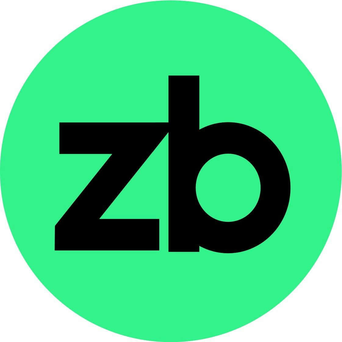 The image shows the lowercase letters "zb" in black on a green circular background.