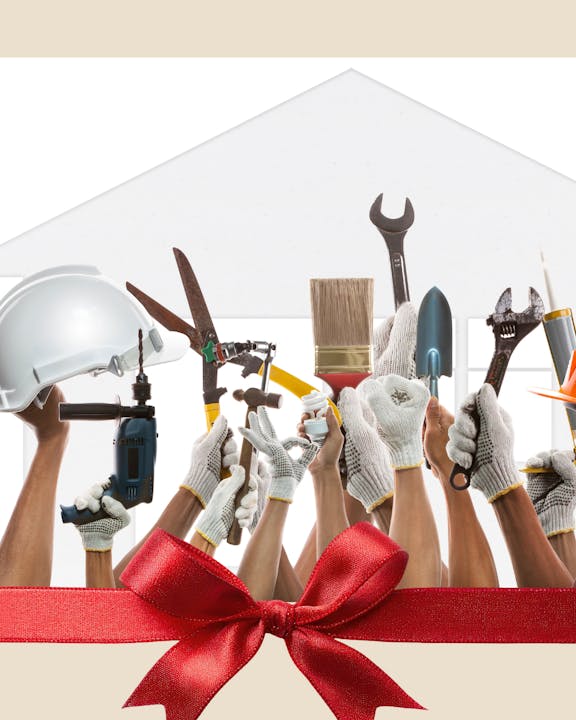 The image features many hands holding various tools and a hard hat, topped with a red ribbon, suggesting a construction or home improvement theme.