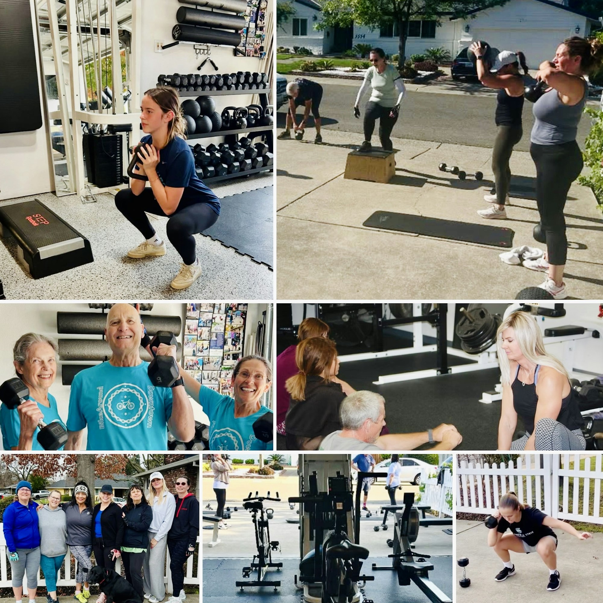 Various people exercising indoors and outdoors with weights, in groups and individually.