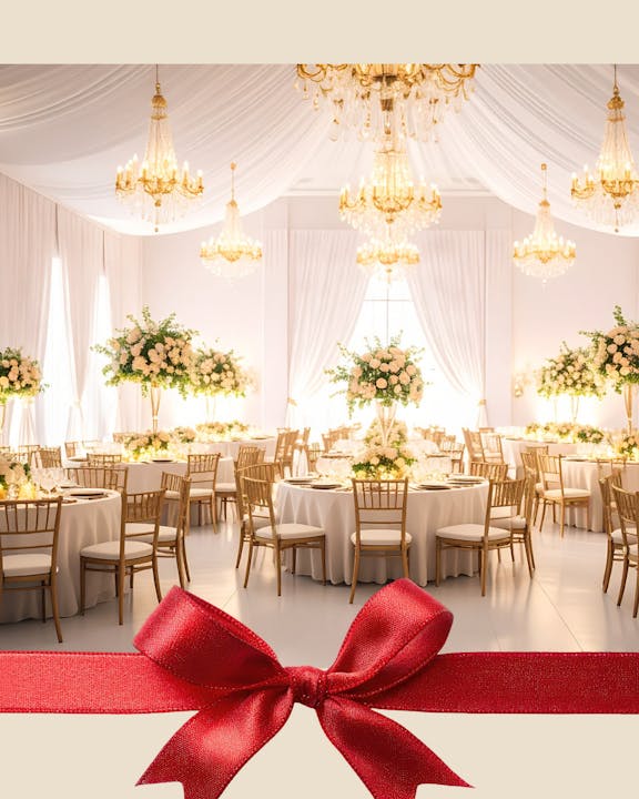 An elegant wedding or event venue with chandeliers, floral arrangements, and beautifully set tables, adorned with a red bow.