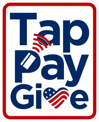 The image features the text "Tap Pay Give" with an American flag-themed heart and NFC payment icon.