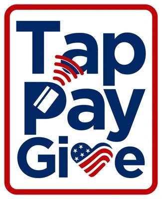 The image features the text "Tap Pay Give" with an American flag-themed heart and NFC payment icon.