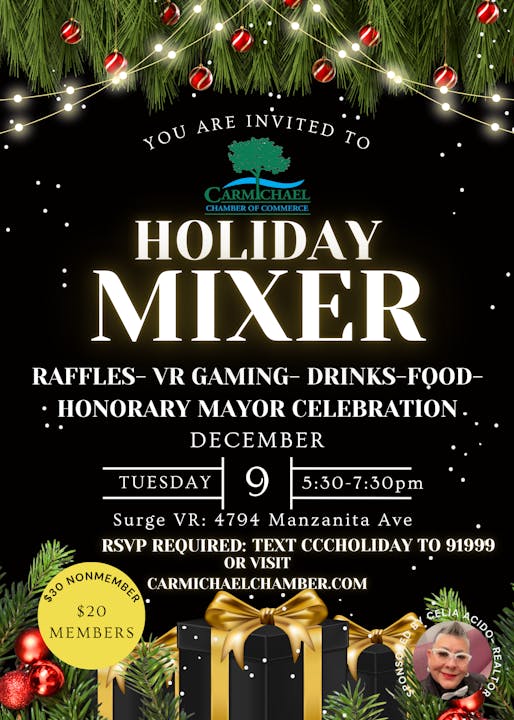 Holiday Mixer invite by Carmichael Chamber on Dec 9, 5:30-7:30pm at Surge VR, featuring raffles, VR gaming, drinks, food. RSVP required.