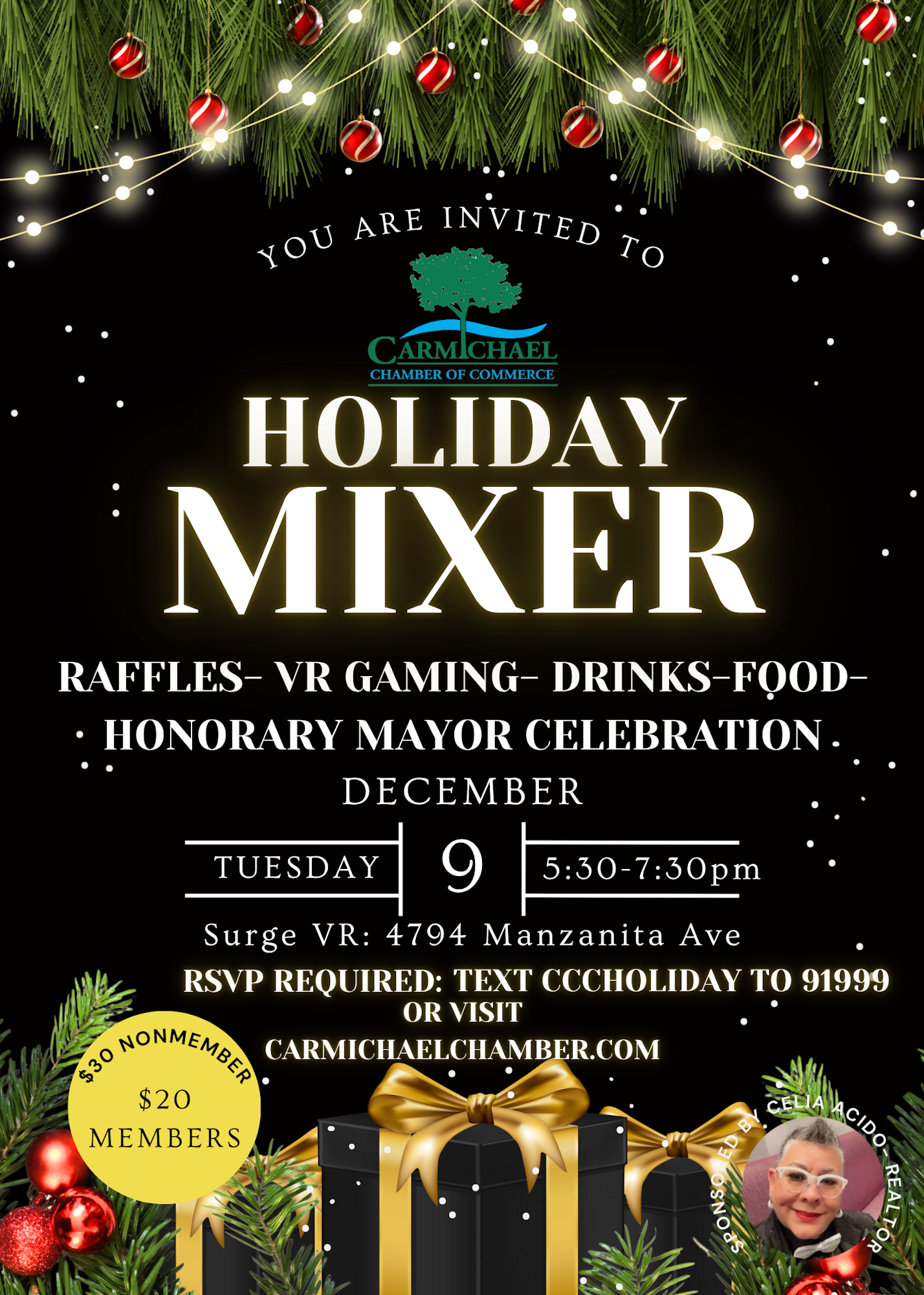 Holiday Mixer invite by Carmichael Chamber on Dec 9, 5:30-7:30pm at Surge VR, featuring raffles, VR gaming, drinks, food. RSVP required.