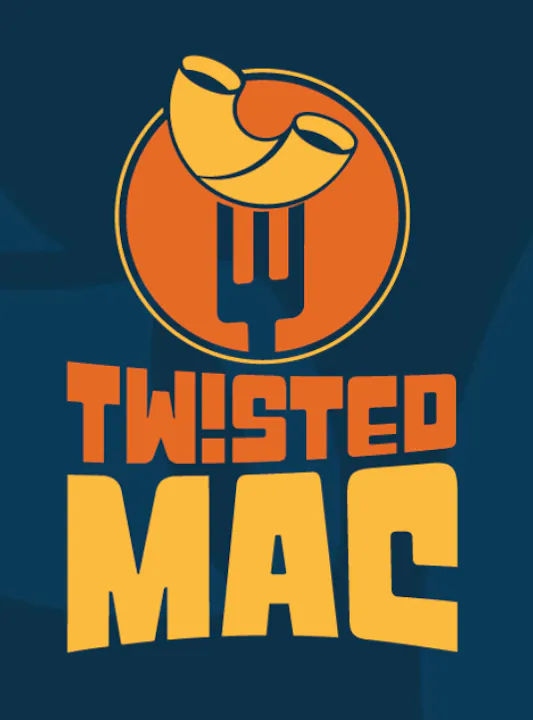 The image features a logo for "Twisted Mac," showcasing a fork and macaroni design in bold colors.