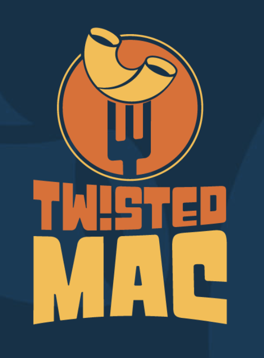 The image features a logo for "Twisted Mac," showcasing a fork and macaroni design in bold colors.