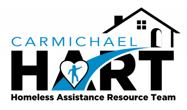 Logo for Carmichael HART: Homeless Assistance Resource Team with a house and heart design.