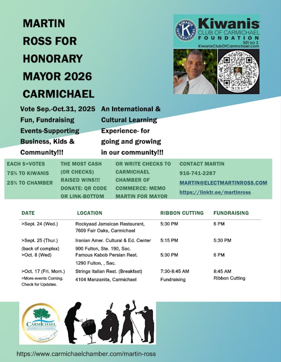 Flyer for Martin Ross's 2026 honorary mayor campaign in Carmichael with event details and contact info.
